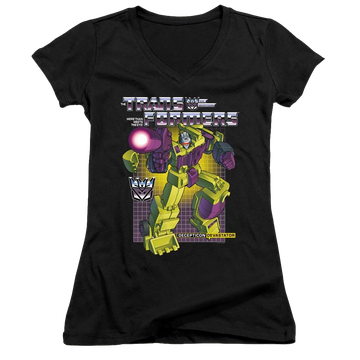 Black juniors v-neck t-shirt with Transformers Devastator graphic