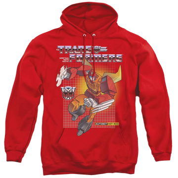 Red pullover hoodie with Transformers Hot Rod graphic
