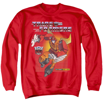 Red men's crewneck sweatshirt with Transformers Hot Rod graphic