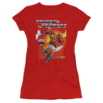 Red juniors t-shirt with Transformers Hot Rod graphic