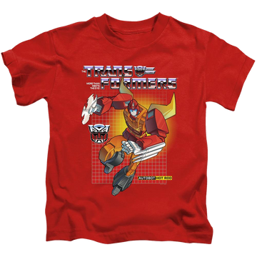 Red kid's t-shirt for ages 4 to 7 with Transformers Hot Rod graphic