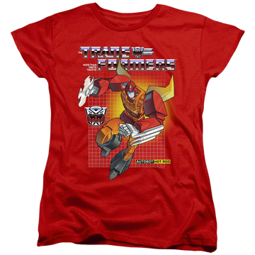 Red women's t-shirt with Transformers Hot Rod graphic
