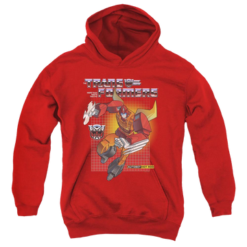 Red youth hoodie for ages 8 to 12 with Transformers Hot Rod graphic