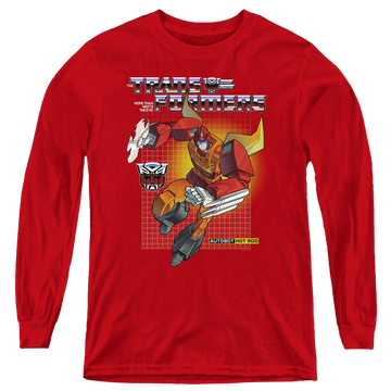 Red youth long sleeve t-shirt with Transformers Hot Rod graphic