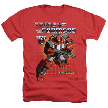 Red men's heather t-shirt with Transformers Ironhide graphic