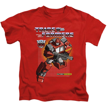 Red kid's t-shirt for ages 4 to 7 with Transformers Ironhide graphic