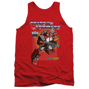 Red men's tank with Transformers Ironhide graphic