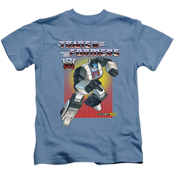 Carolina blue kid's t-shirt for ages 4 to 7 with Transformers Jazz graphic