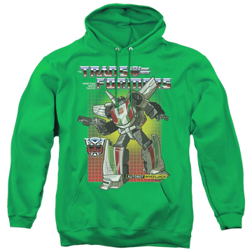 Kelly green pullover hoodie with Transformers Wheeljack graphic