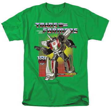 Kelly green men's regular fit t-shirt with Transformers Wheeljack graphic