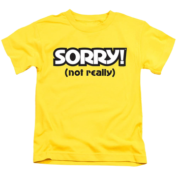 Yellow kid's t-shirt for ages 4 to 7 with Game of Sorry Not Really graphic