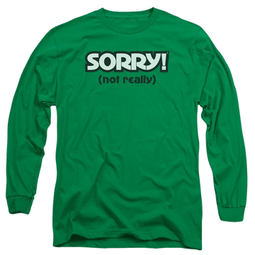 Kelly green men's long sleeve t-shirt with Game of Sorry Not Really graphic