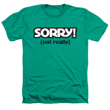 Kelly green men's heather t-shirt with Hasbro Not Sorry graphic