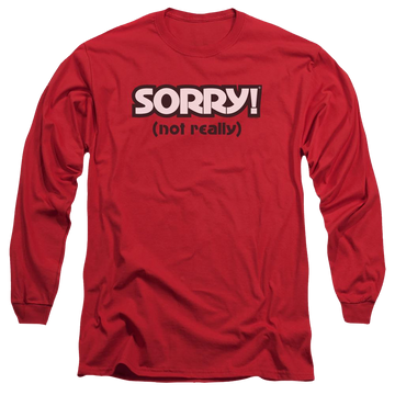 Red men's long sleeve t-shirt with Game of Sorry Not Really graphic