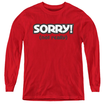 Red youth long sleeve t-shirt with Game of Sorry Not Really graphic
