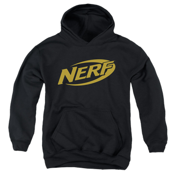 Black youth hoodie for ages 8 to 12 with Nerf Logo graphic