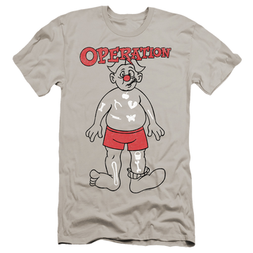 Silver men's premium slim fit t-shirt with Hasbro Operation Operate graphic