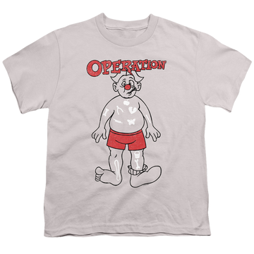 Silver youth t-shirt for ages 8 to 12 with Hasbro Operation Operate graphic