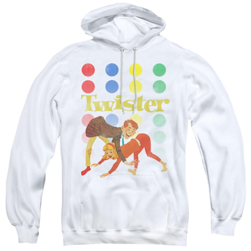 White pullover hoodie with Hasbro Gaming Old School Twister graphic