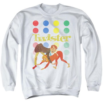 White men's crewneck sweatshirt with Hasbro Gaming Old School Twister graphic