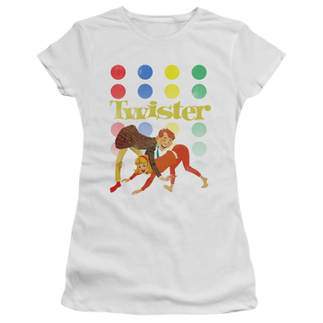 White juniors t-shirt with Hasbro Gaming Old School Twister graphic