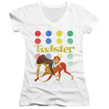 White juniors v-neck t-shirt with Hasbro Gaming Old School Twister graphic