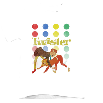 White kid's t-shirt for ages 4 to 7 with Hasbro Gaming Old School Twister graphic