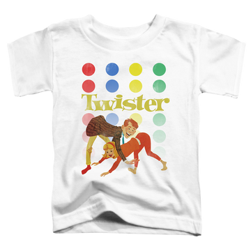 White toddler t-shirt with Hasbro Gaming Old School Twister graphic