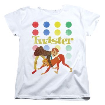 White women's t-shirt with Hasbro Gaming Old School Twister graphic