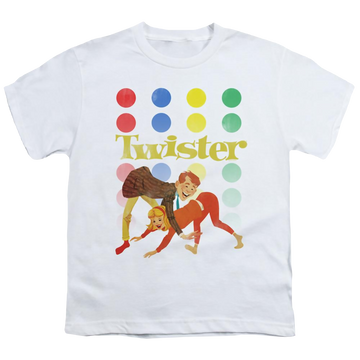 White youth t-shirt for ages 8 to 12 with Hasbro Gaming Old School Twister graphic