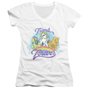 White juniors v-neck t-shirt with My Little Pony Classic Friends Forever graphic