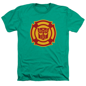 Kelly green men's heather t-shirt with Transformers Rescue Bots Logo graphic