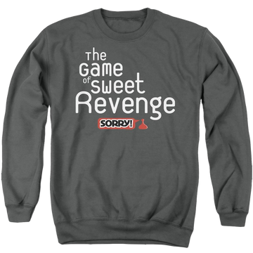 Charcoal men's crewneck sweatshirt with Game of Sorry Sweet Revenge graphic