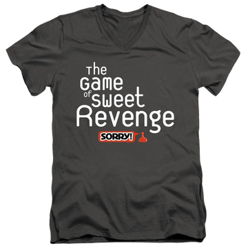 Charcoal men's v-neck t-shirt with Game of Sorry Sweet Revenge graphic
