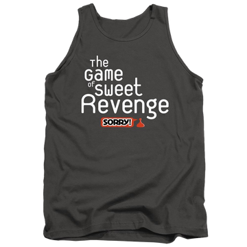 Charcoal men's tank with Game of Sorry Sweet Revenge graphic
