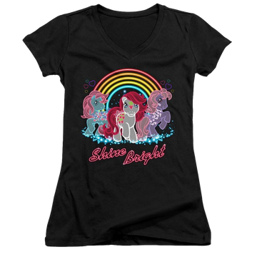 Black juniors v-neck t-shirt with My Little Pony Classic Neon Ponies graphic