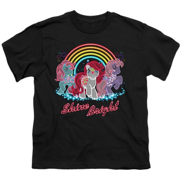 Black youth t-shirt for ages 8 to 12 with My Little Pony Classic Neon Ponies graphic