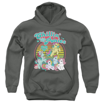 Charcoal youth hoodie for ages 8 to 12 with My Little Pony Classic Chillin With My Ponies graphic