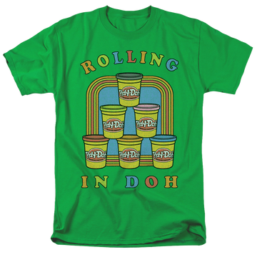 Kelly green men's regular fit t-shirt with Monopoly Play-doh Rolling In Doh graphic