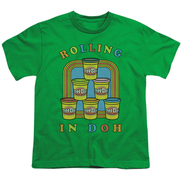 Kelly green youth t-shirt for ages 8 to 12 with Monopoly Hasbro Rolling In Doh graphic