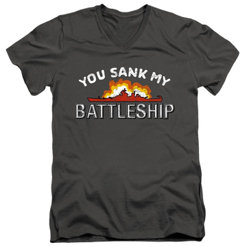 Charcoal men's v-neck t-shirt with You Sank My Battleship graphic