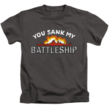 Charcoal kid's t-shirt for ages 4 to 7 with You Sank My Battleship graphic