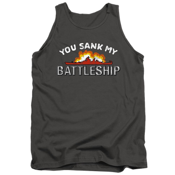 Charcoal men's tank with You Sank My Battleship graphic