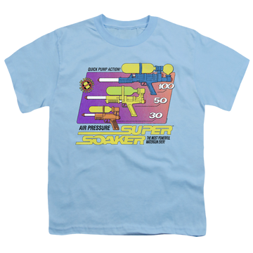Light blue youth t-shirt for ages 8 to 12 with Nerf Original Super Soaker graphic