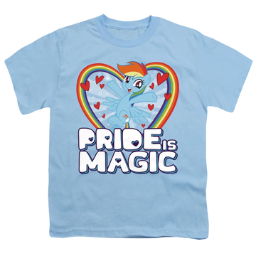 Light blue youth t-shirt for ages 8 to 12 with My Little Pony Friendship Is Magic Pride Is Magic graphic