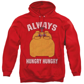 Red pullover hoodie with Hungry Hungry Hippos Hungry graphic