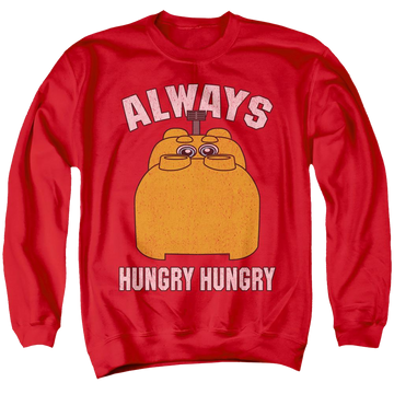 Red men's crewneck sweatshirt with Hungry Hungry Hippos Hungry graphic