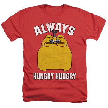 Red men's heather t-shirt with Hungry Hungry Hippos Hasbro Hungry graphic
