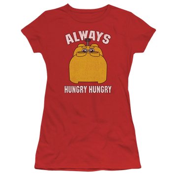 Red juniors t-shirt with Hungry Hungry Hippos Hungry graphic