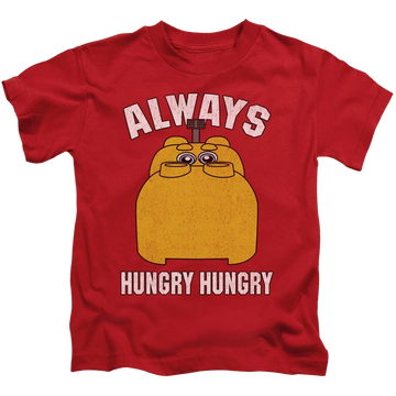 Red kid's t-shirt for ages 4 to 7 with Hungry Hungry Hippos Hungry graphic